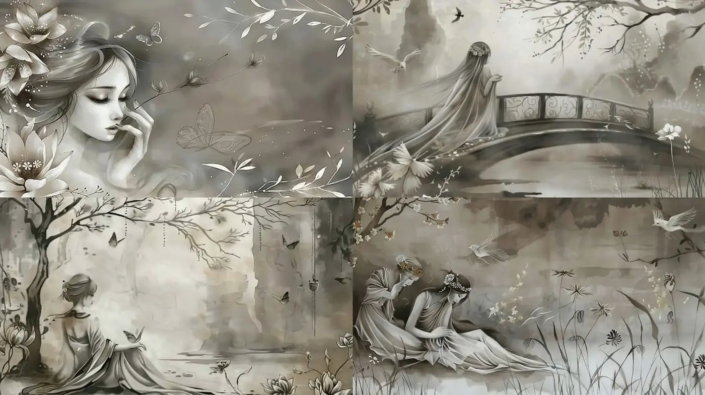 Ethereal Monochrome Whimsy: A Dreamlike Fusion of Nature and Elegance - Midjourney sref style