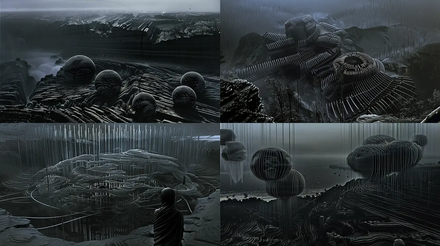 Surreal Dystopian Vistas in Monochrome - Midjourney sref style