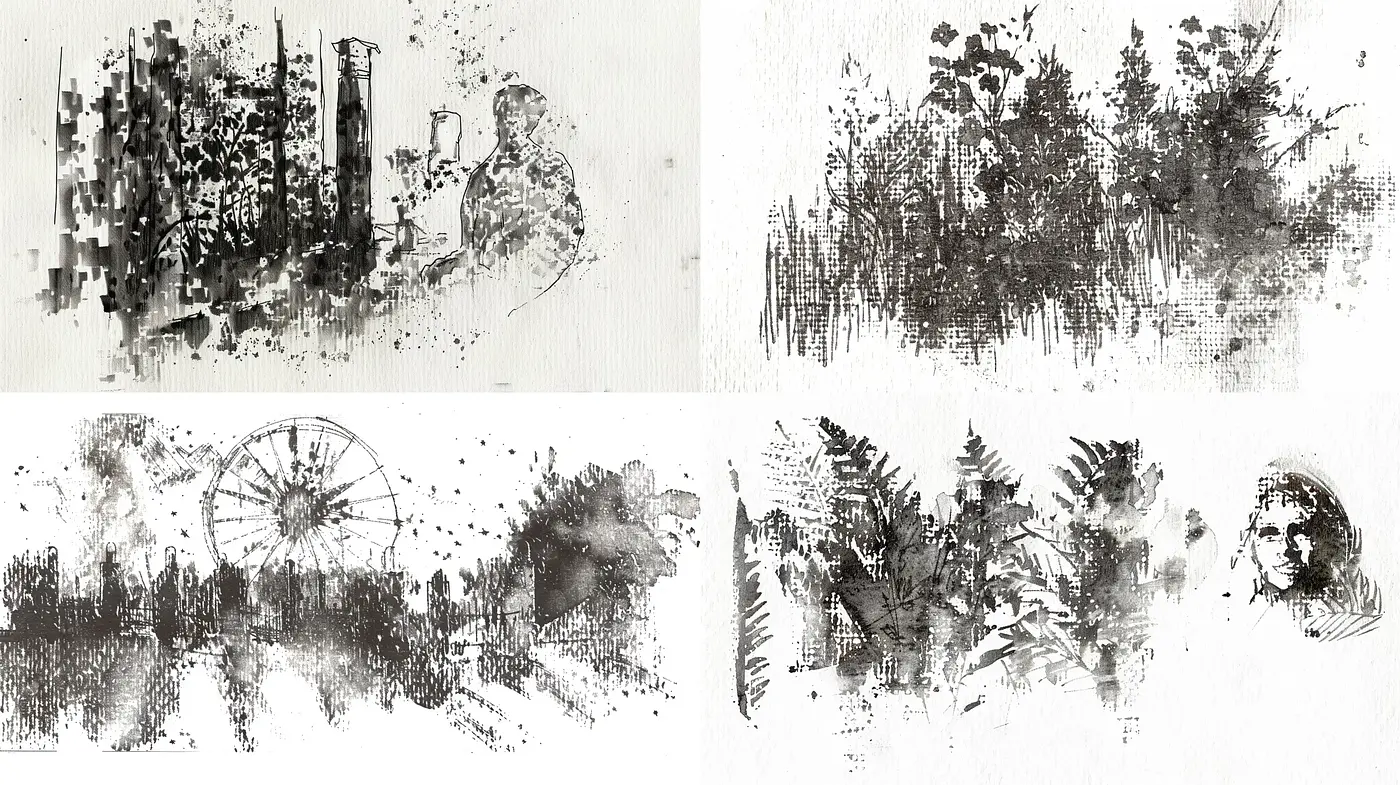 Abstract Monochromatic Ink Splatter Harmony - Midjourney sref style