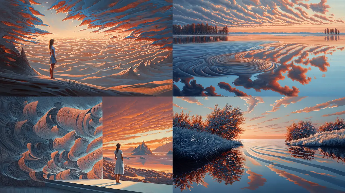 Surreal Twilight Tales: A Symphony of Swirling Skies and Crimson Hues - Midjourney sref style