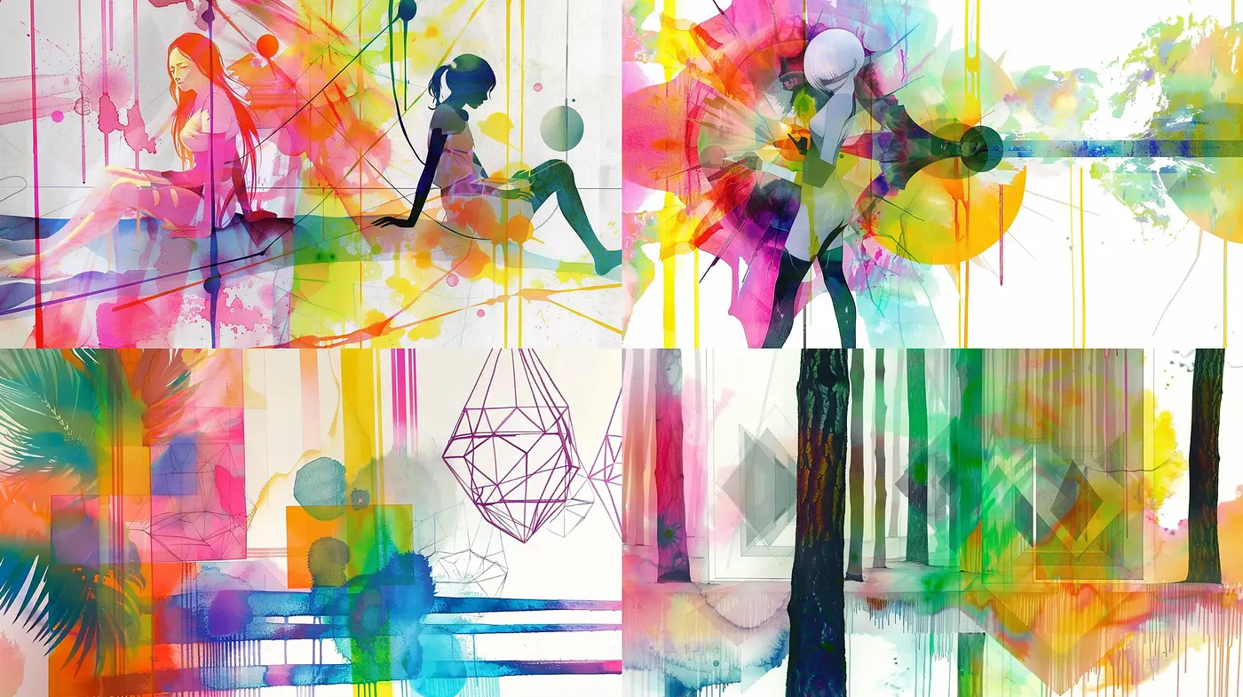 Spectrum Fusion: A Dance of Abstract Watercolor and Digital Impressions - Midjourney sref style