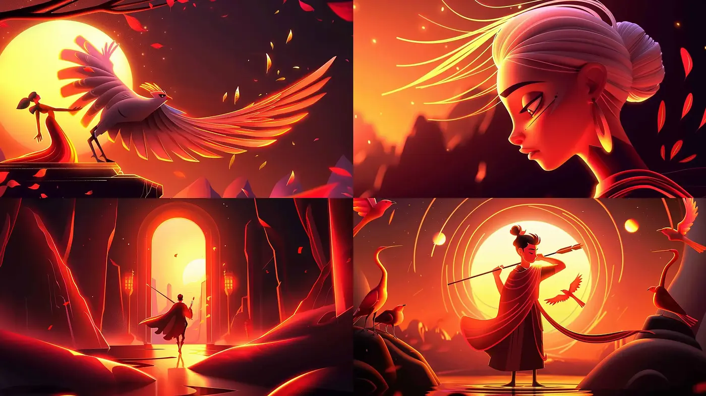 Fiery Crimson Twilight: A Harmonic Blend of Stylized Animation and Radiant Glow - Midjourney sref style