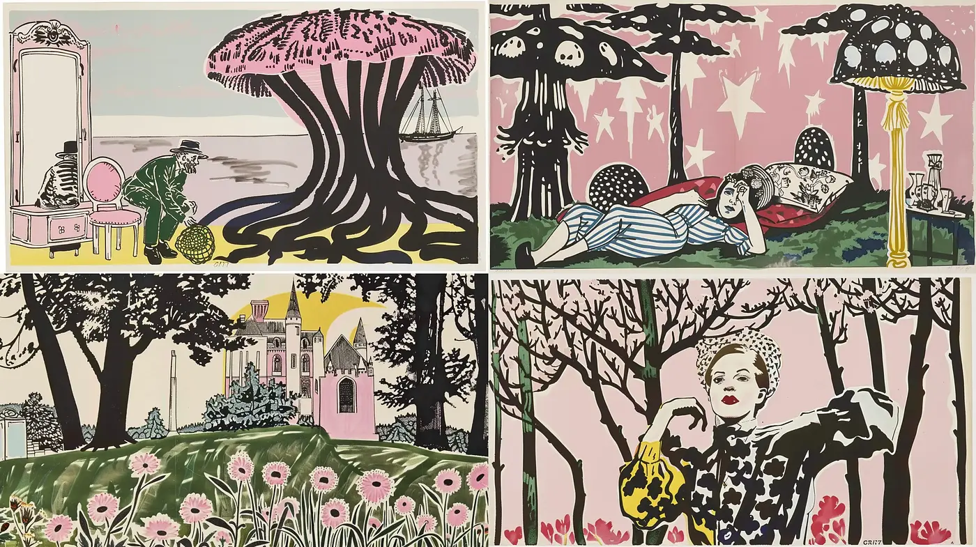 Whimsical Storybook Illustration with Pastel Undertones and Graphic Contours - Midjourney sref style