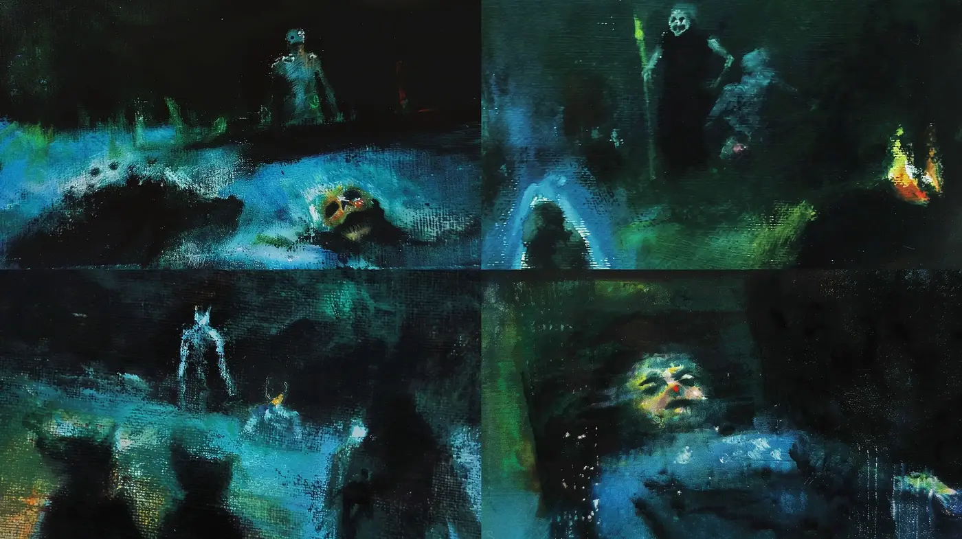 Ethereal Nocturnal Dreamscape: A Fusion of Abstract Expressionism and Dark Visual Poetry - Midjourney sref style