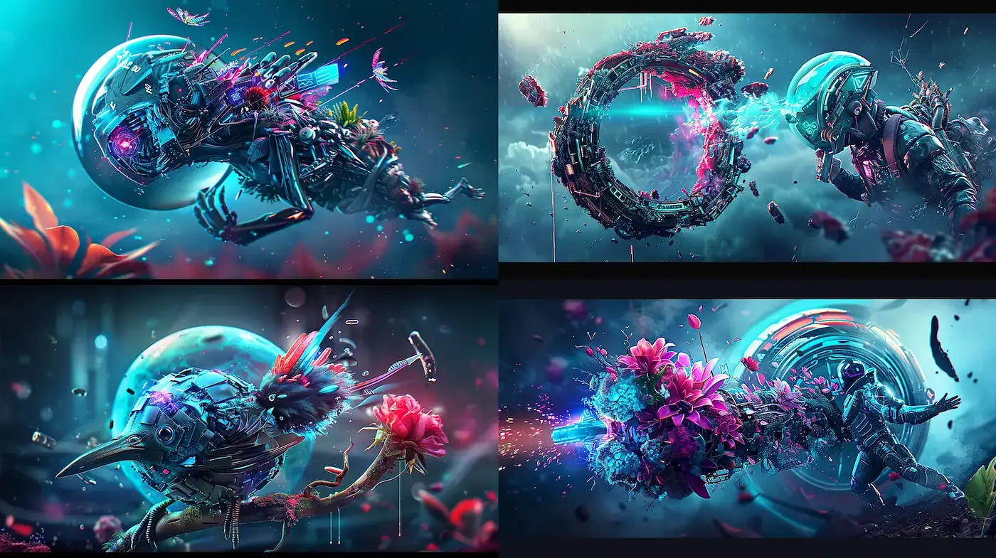 Futuristic Floral Cybernetic Fusion with Neon Aesthetics - Midjourney sref style