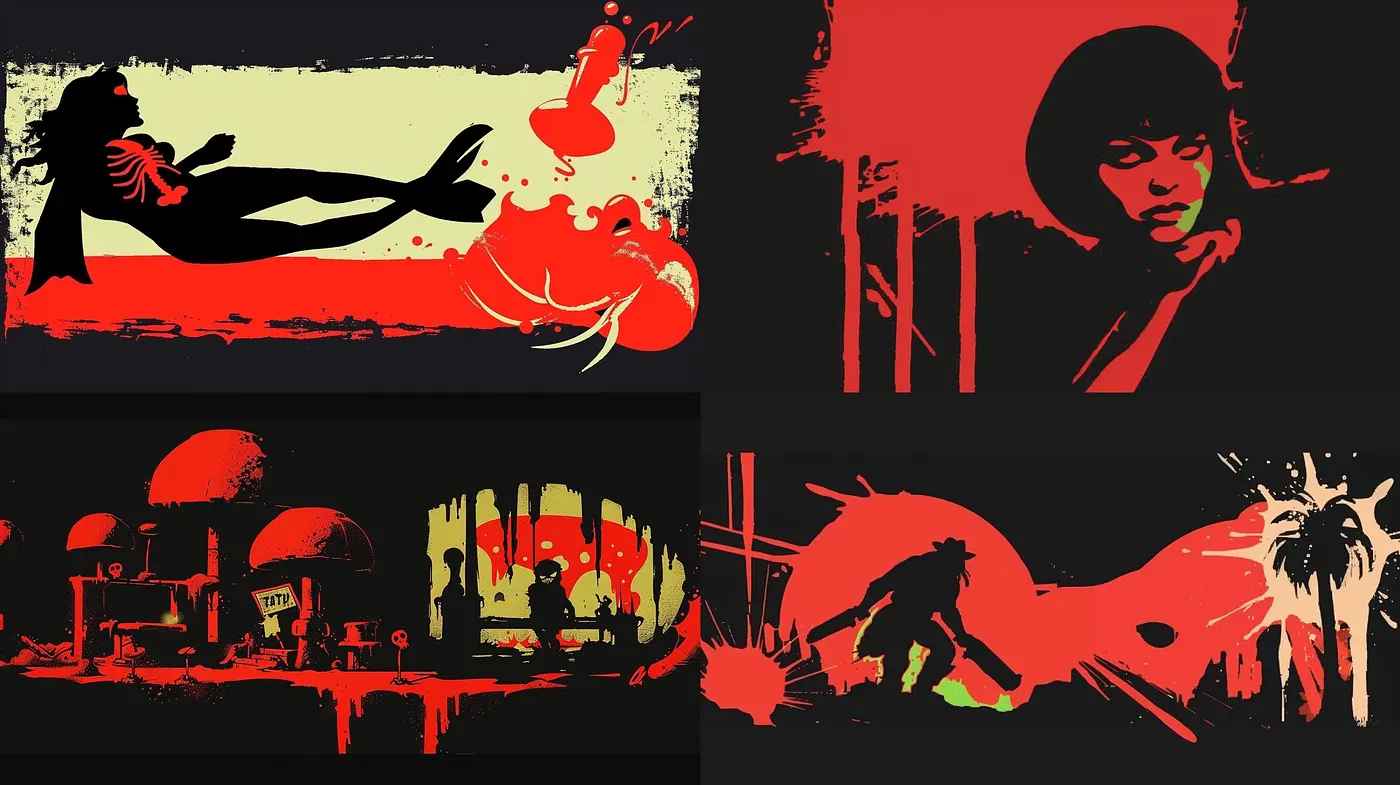 Stark Contrast and Silhouette Dreams: A Study in Red, Black, and Yellow Hues - Midjourney sref style