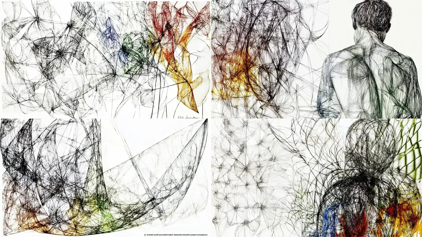 Interwoven Complexity: An Exploration in Abstract Line Art Fusion - Midjourney sref style