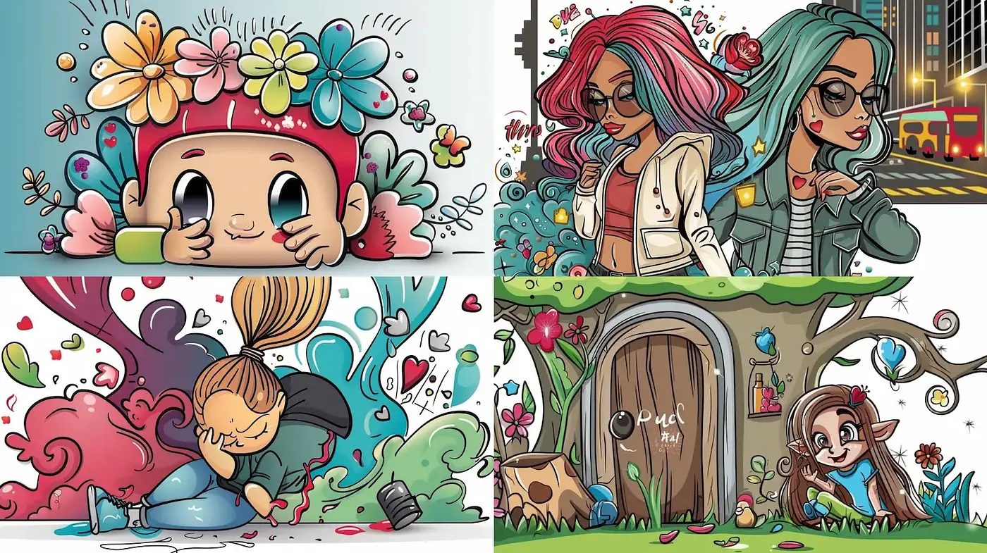 Whimsical and vibrant cartoon illustration style with a playful mood - Midjourney sref style
