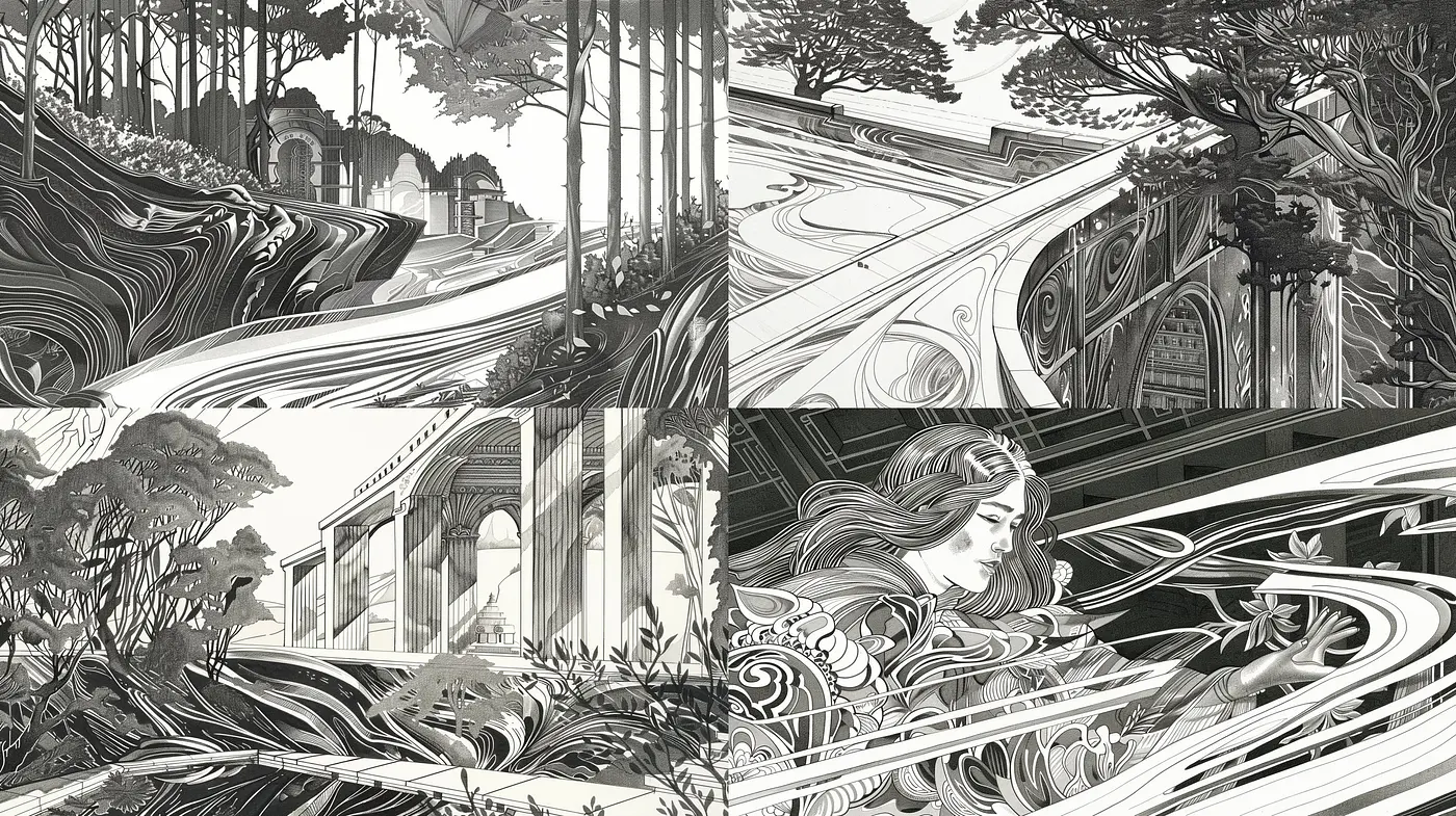Monochromatic Fantasy: A Journey Through Stylized Dreamscapes and Enigmatic Visions - Midjourney sref style
