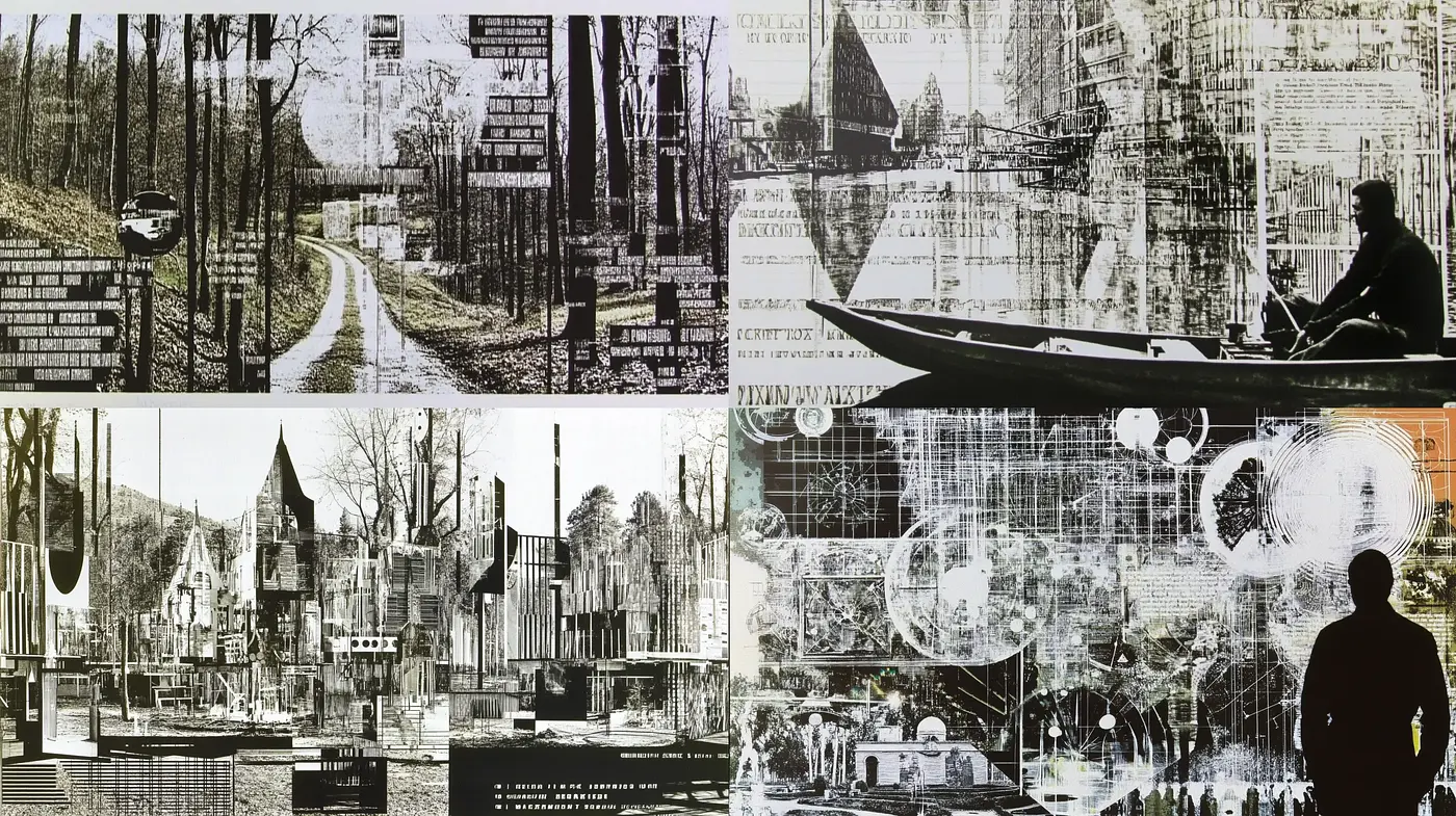 Abstracted Monochromatic Meta-Reality Collage - Midjourney sref style