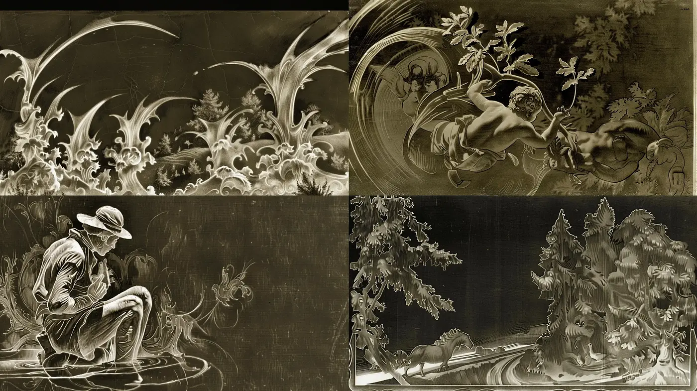 Baroque-Inspired Monochromatic Dreamscapes in Graphite Textures - Midjourney sref style