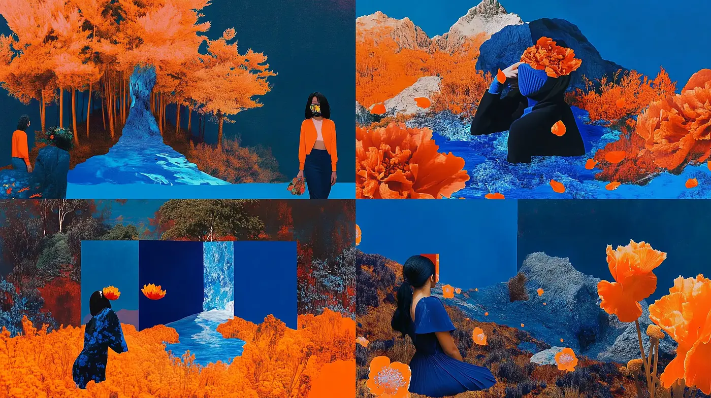 Vivid Contrasts in a Surreal Orange and Blue Dreamscape - Midjourney sref style