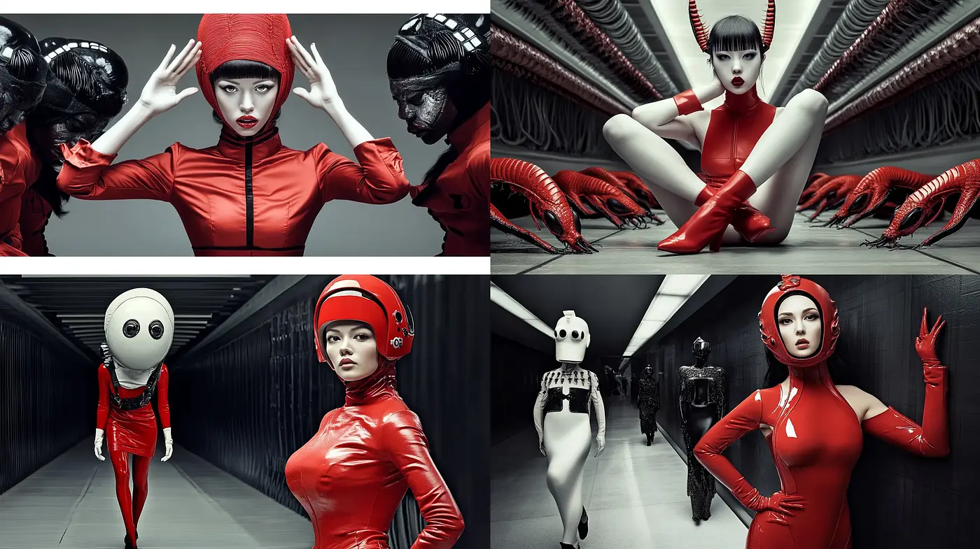 Futuristic Elegance with Surrealist Overtones in Monochrome and Crimson - Midjourney sref style