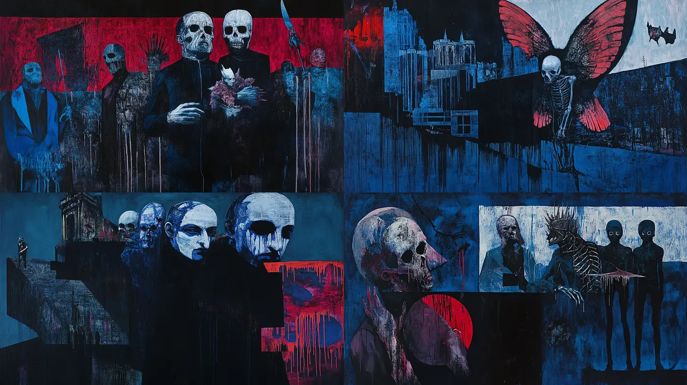 Eerie Expressionist Nocturne in Crimson and Azure - Midjourney sref style