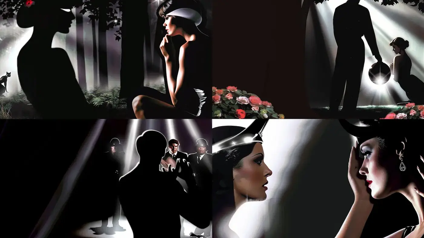 Elegant Noir Aesthetic with Dramatic Lighting and Intriguing Silhouettes - Midjourney sref style