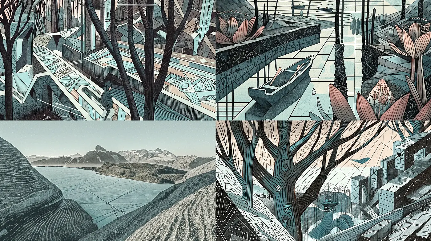 Surreal Geometric Landscapes with a Pastel Retrofuturistic Twist - Midjourney sref style