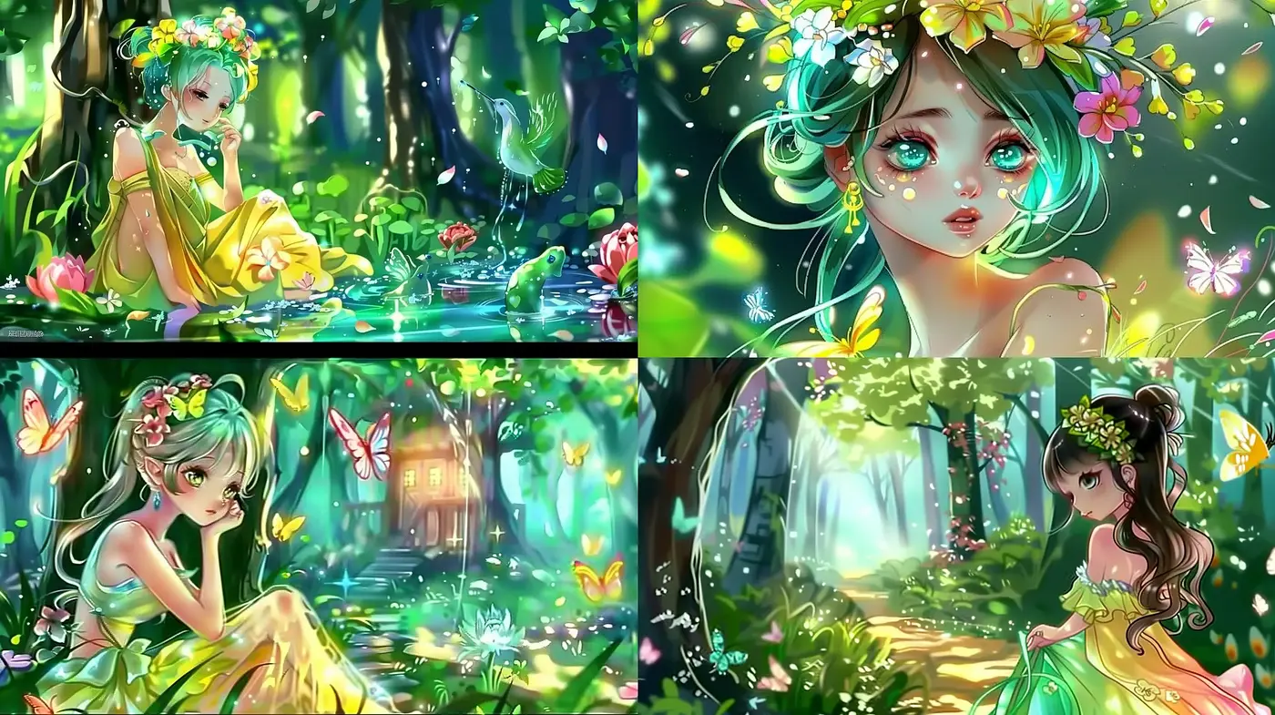 Enchanted Forest Dreamscape: A Synthesis of Anime-Inspired Aesthetic with Vibrant Fauna and Flora - Midjourney sref style