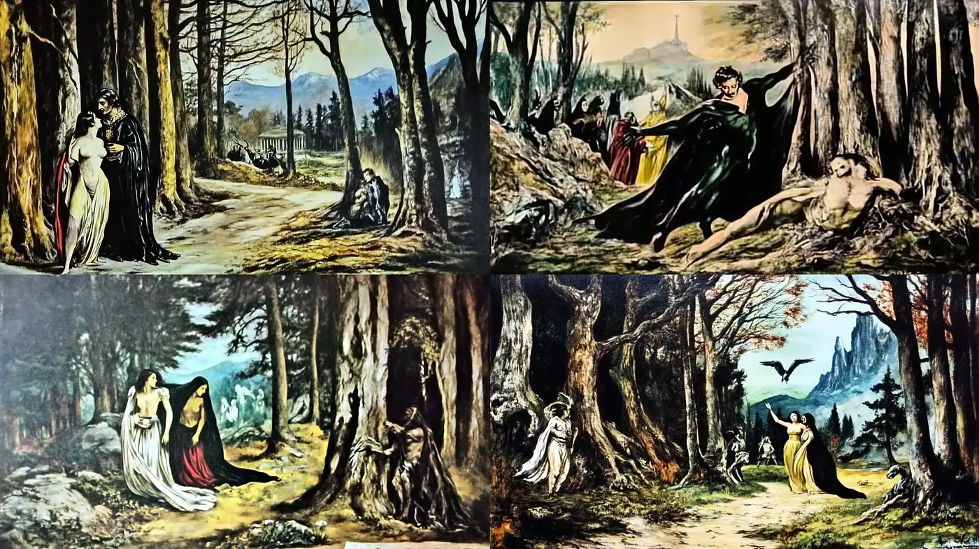 Enchanted Forest Tales: A Romantic Fusion of Painted Drama and Fantastical Textures - Midjourney sref style