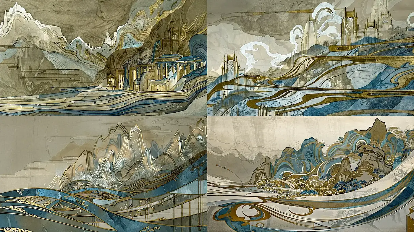 Serene and Ethereal Landscapes with Flowing Curves and Organic Forms - Midjourney sref style