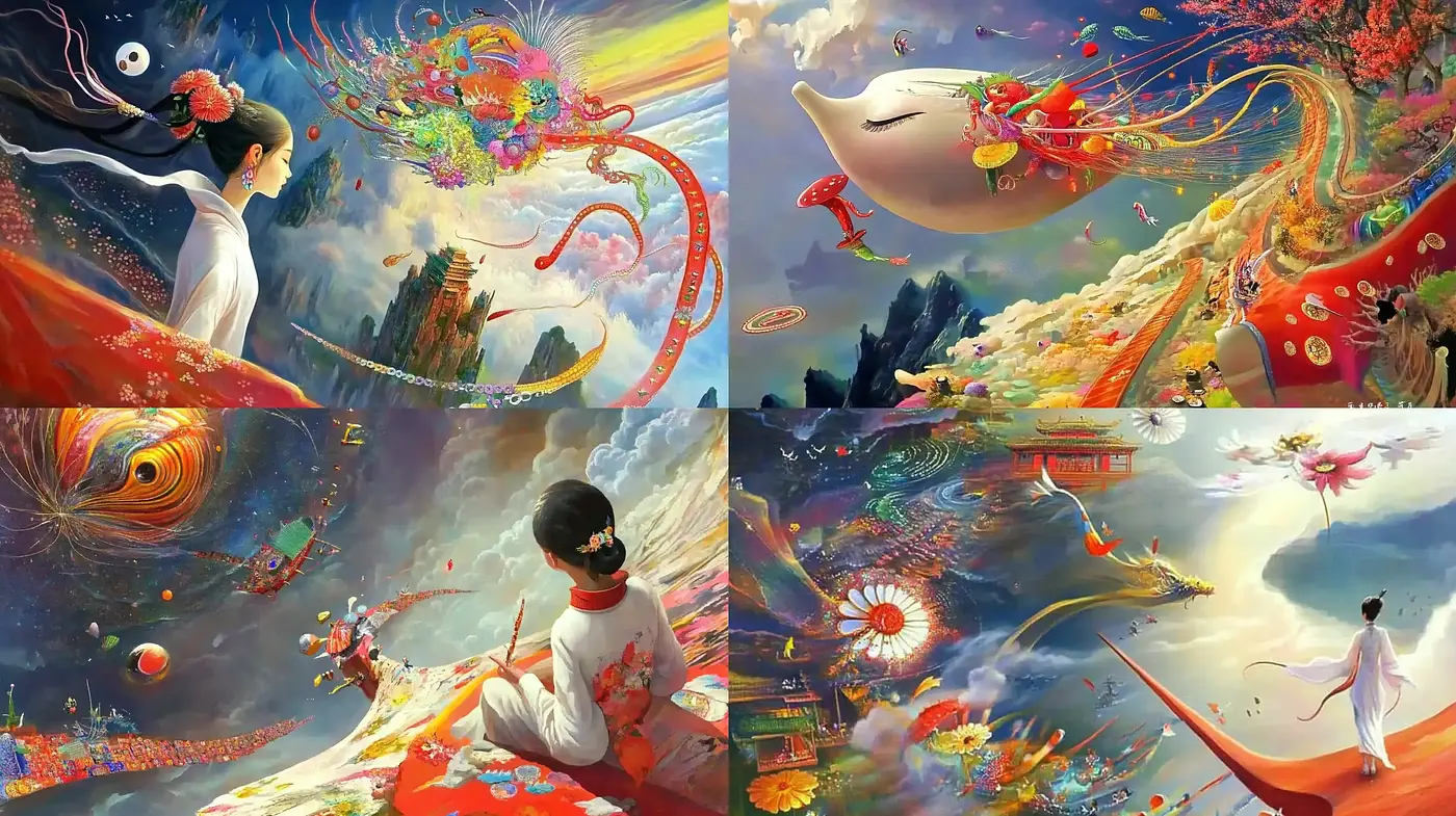 Whimsical Dreamscape Fusion with Surrealist and Eastern Influences - Midjourney sref style