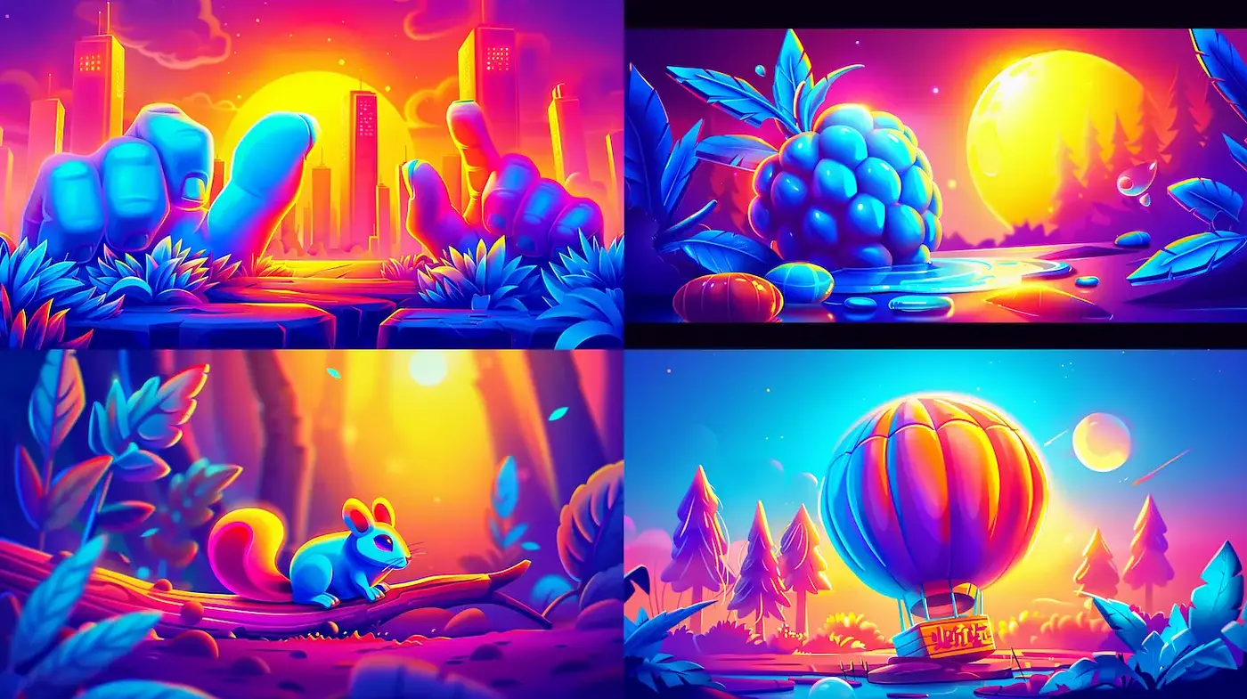 Vibrant, surreal landscape scenes evoking a whimsical adventure - Midjourney sref style