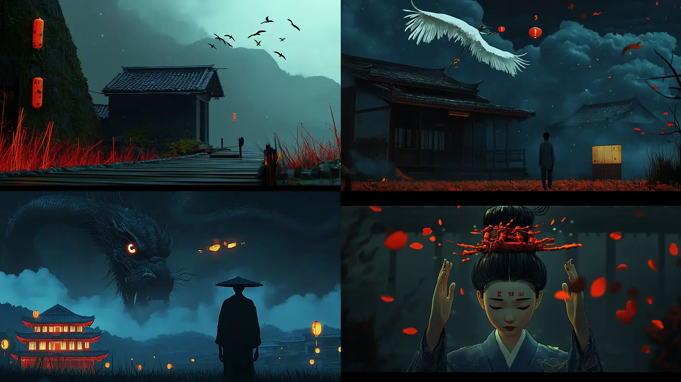 Ethereal Twilight Myths: A Harmonious Blend of Japanese Folklore and Digital Artistry - Midjourney sref style