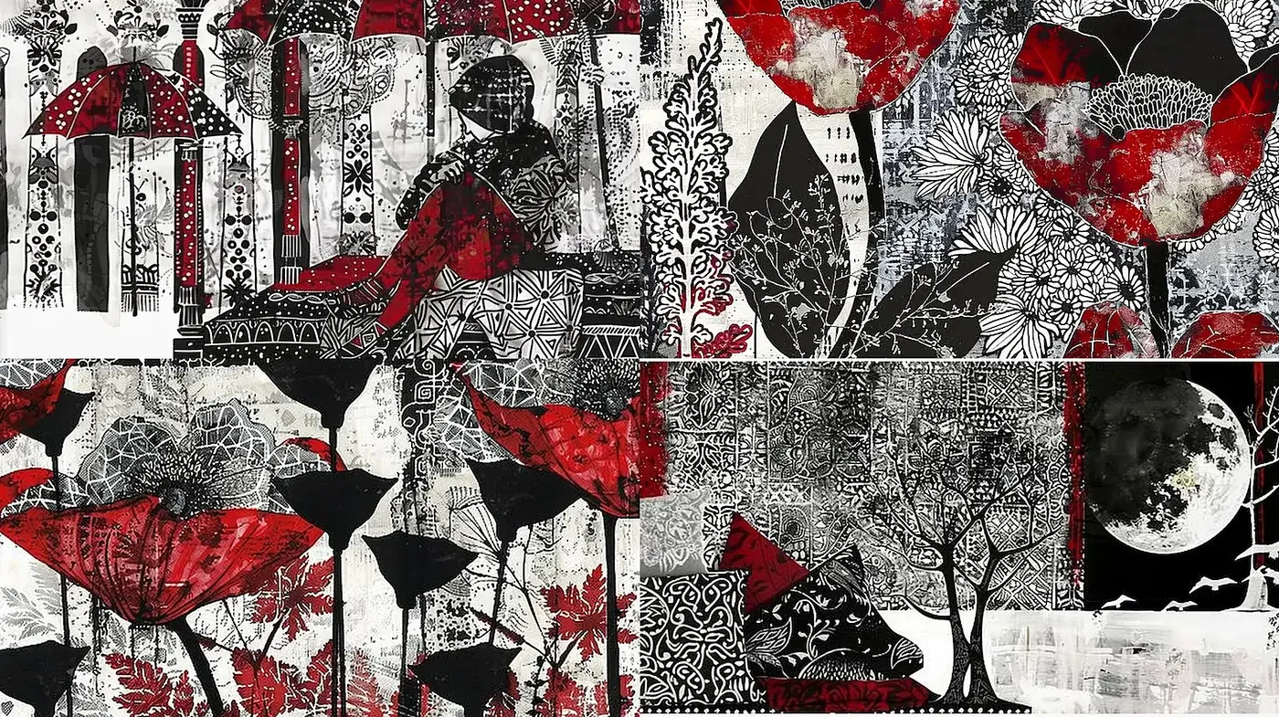 Intricate and expressive fusion of graphic art with natural elements - Midjourney sref style
