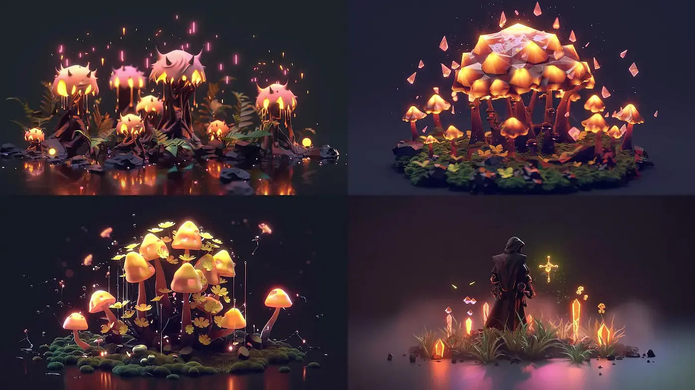 Enchanting Fungal Landscapes with Luminescent Elements - Midjourney sref style