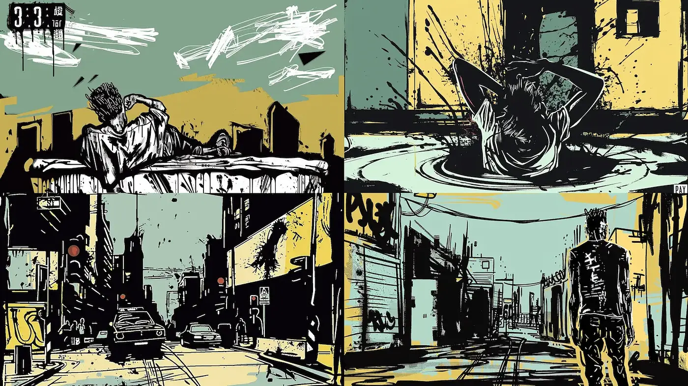 Dynamic urban scenes with a gritty, comic-inspired aesthetic - Midjourney sref style