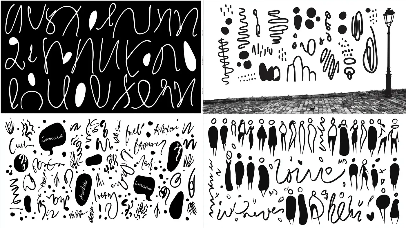 Abstract Black and White Illustrations with Playful Handwritten Elements - Midjourney sref style