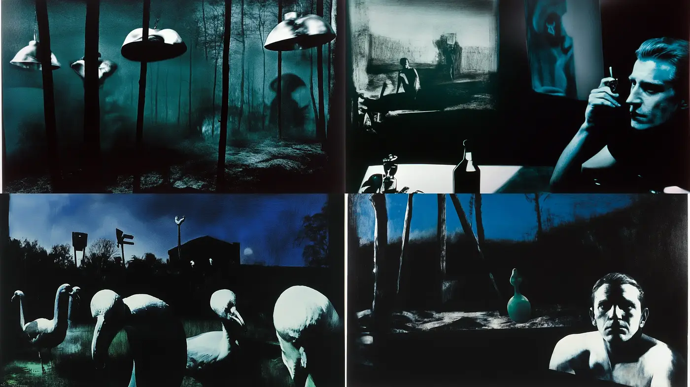 Nocturnal Elegy in Cyan: A Cinematic Fusion of Surrealism and Film Noir - Midjourney sref style