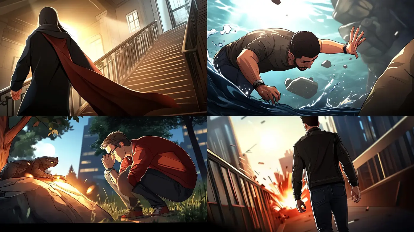Dynamic Emotive Storyboard Illustrations with a Cinematic Flare - Midjourney sref style