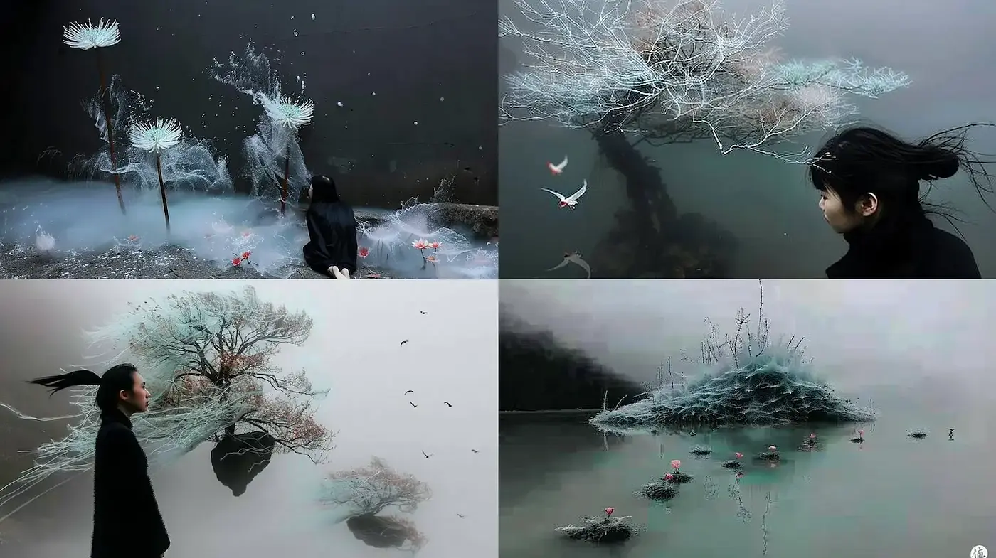 Ethereal Landscapes with Delicate Flora and Tranquil Atmosphere - Midjourney sref style