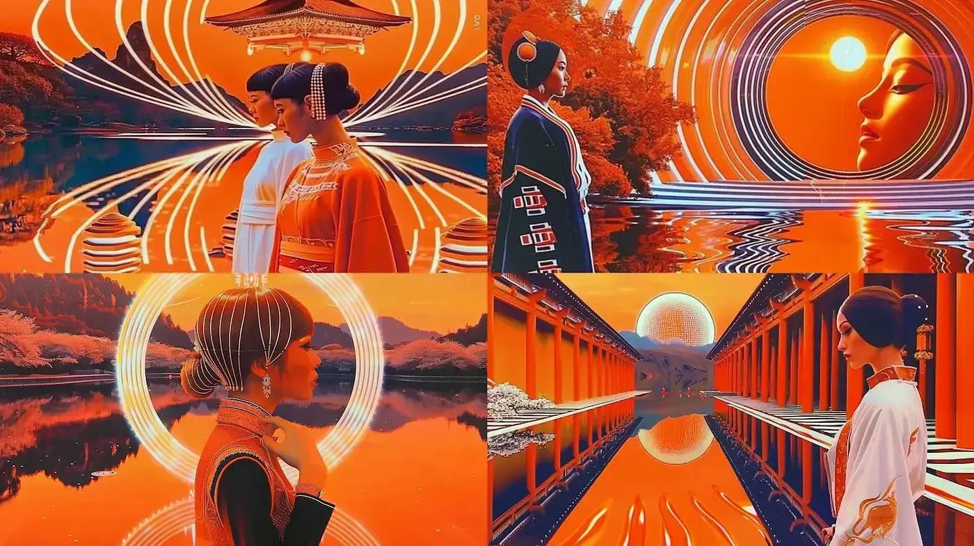 Futuristic Oriental Harmony in Luminous Orange - Midjourney sref style