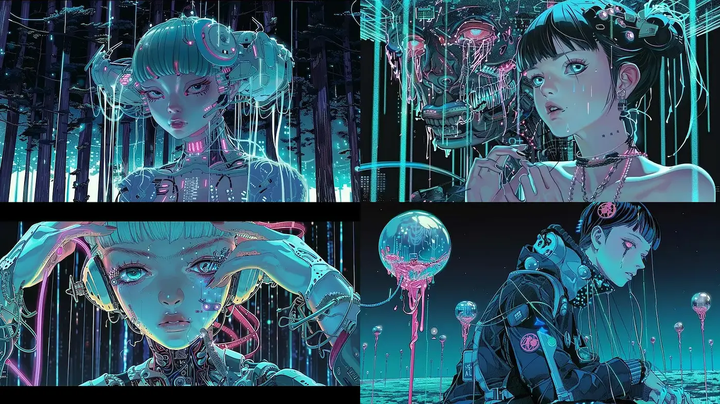 Futuristic and Cybernetic Aesthetic with Neon Elements and Emotional Depth - Midjourney sref style