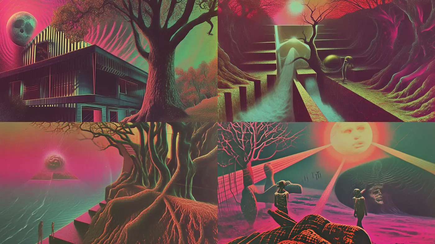 Surreal Dreamscape Synthesis with Neon Glows and Nature Fusion - Midjourney sref style