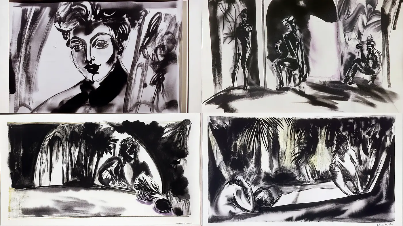 Monochromatic Expressivism in Fluid Brushstrokes - Midjourney sref style