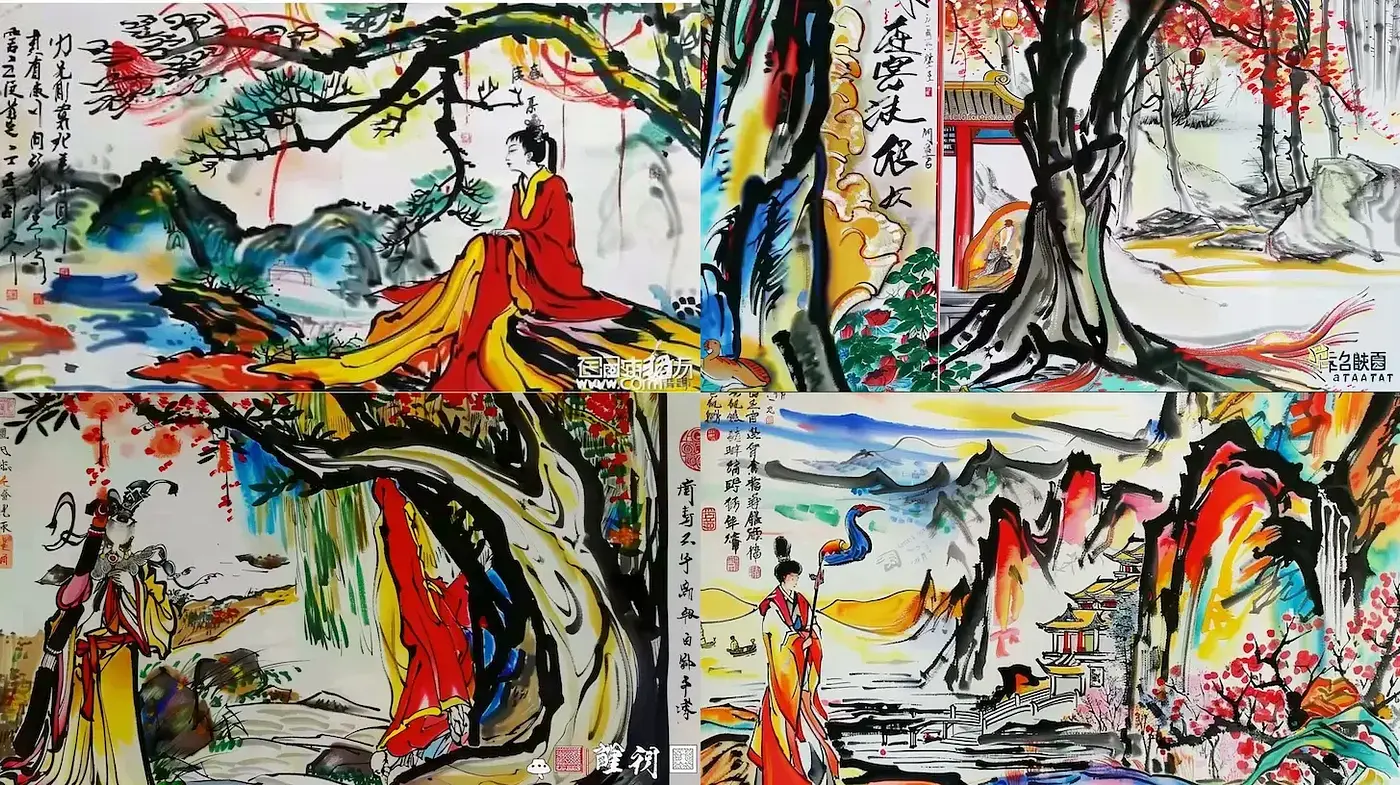 Vibrant and Expressive Traditional East Asian Ink Art with a Historical Narrative - Midjourney sref style