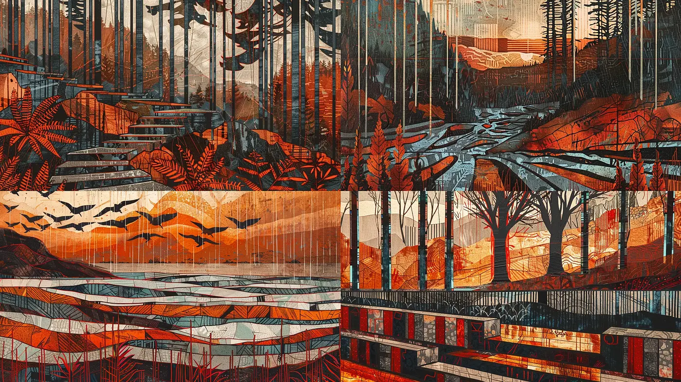 Rustic Woodblock-Inspired Scenic Tapestry - Midjourney sref style