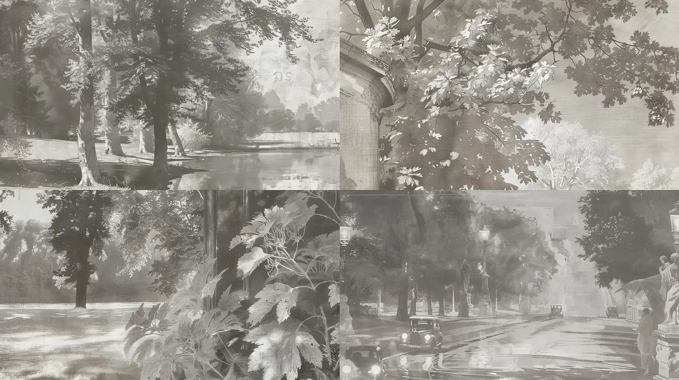 Monochromatic Elegance of Stylized Natural Landscapes and Urban Vignettes - Midjourney sref style