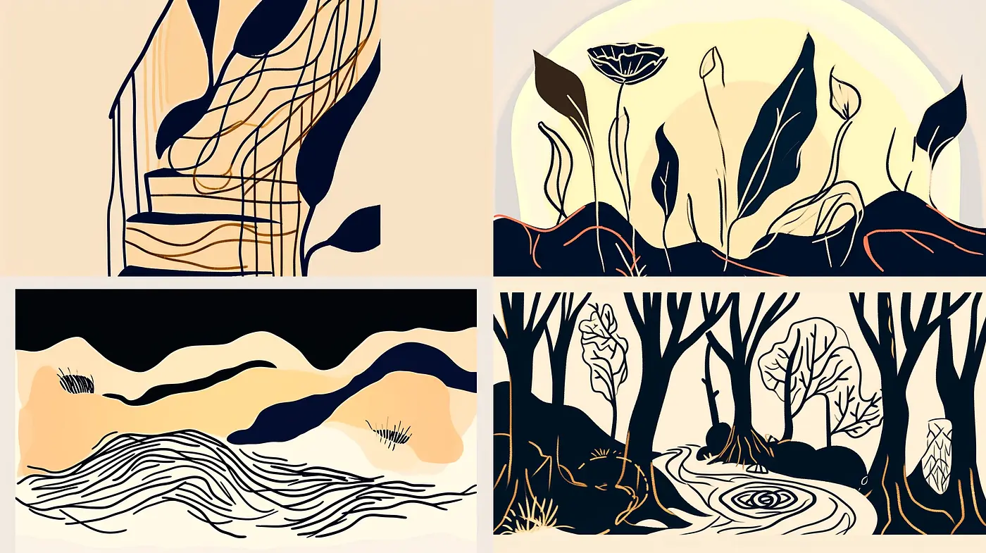 Harmonized Contours and Earthy Tones: A Study in Stylized Nature'scape Illustrations - Midjourney sref style