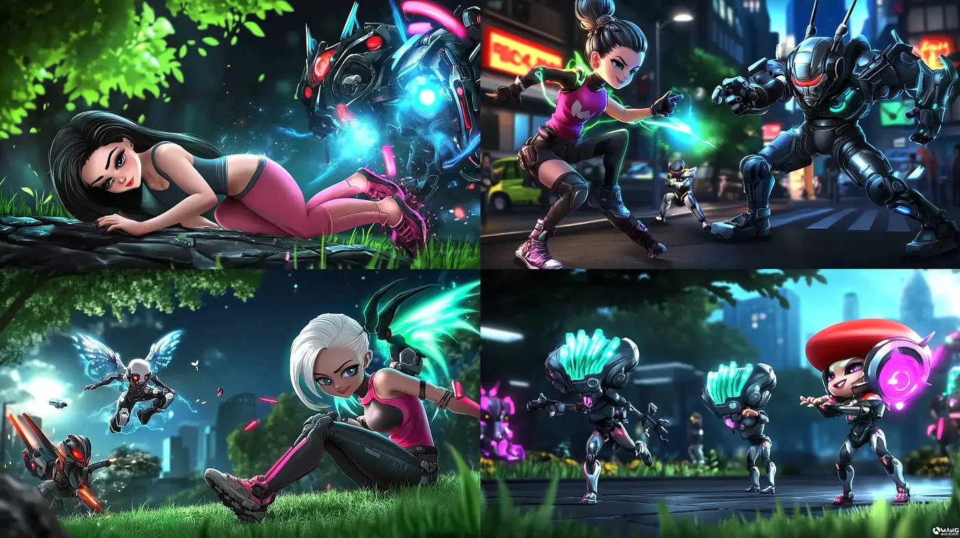 Futuristic Cyberpunk Vignettes with Neon Palette and Dynamic Poses - Midjourney sref style