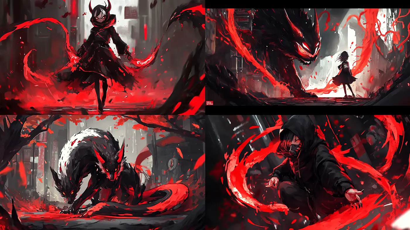 Ethereal Crimson Chaos: A Dynamic Expression in Red and Monochrome - Midjourney sref style
