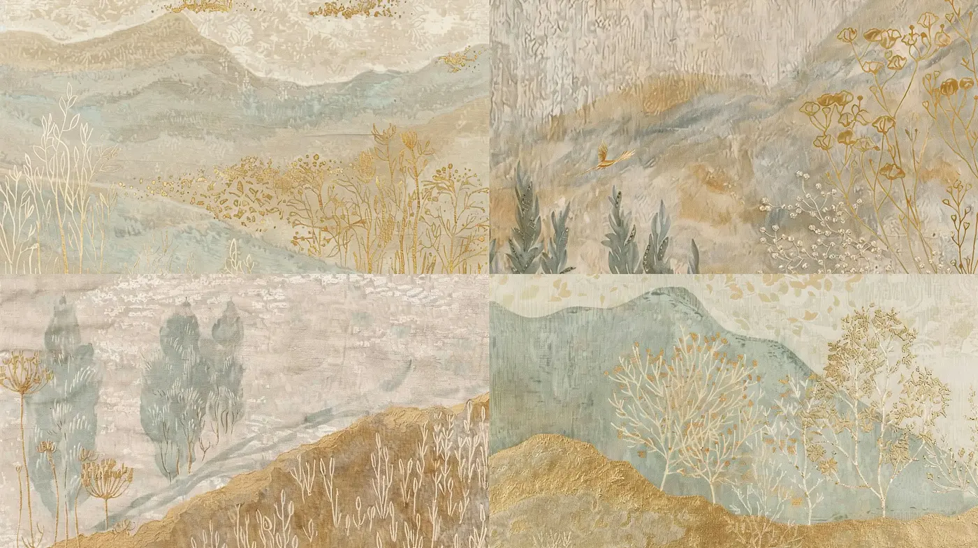 Earthen Tapestry: A Harmonious Blend of Textured Botanicals and Landscapes - Midjourney sref style