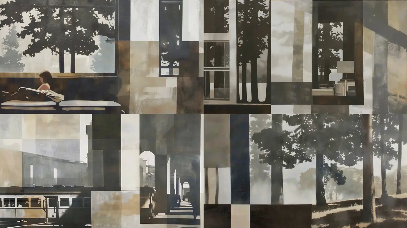 Monochromatic Collage of Intersecting Planes in Serene Compositions - Midjourney sref style