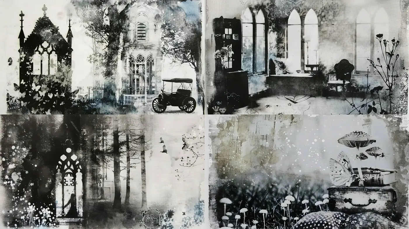 Gothic Reverie in Monochromatic Textures - Midjourney sref style