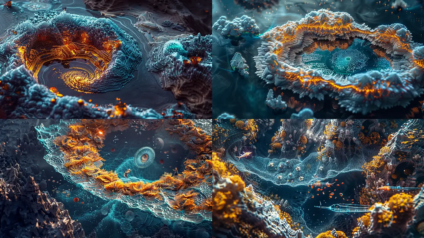 Luminous Fractal Horizons: An Ethereal Journey through Vivid Textures and Fluid Forms - Midjourney sref style