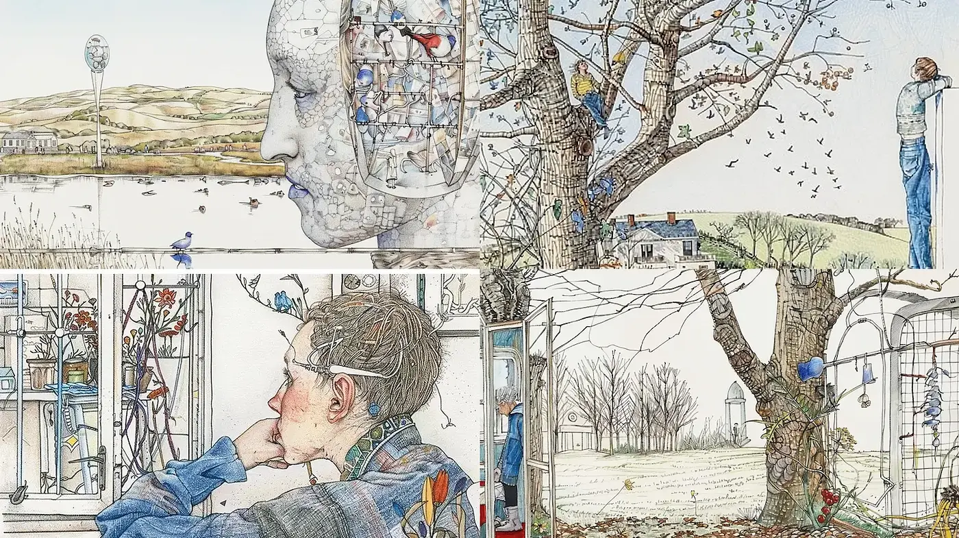 Intricate and contemplative visual narratives with a whimsical touch - Midjourney sref style