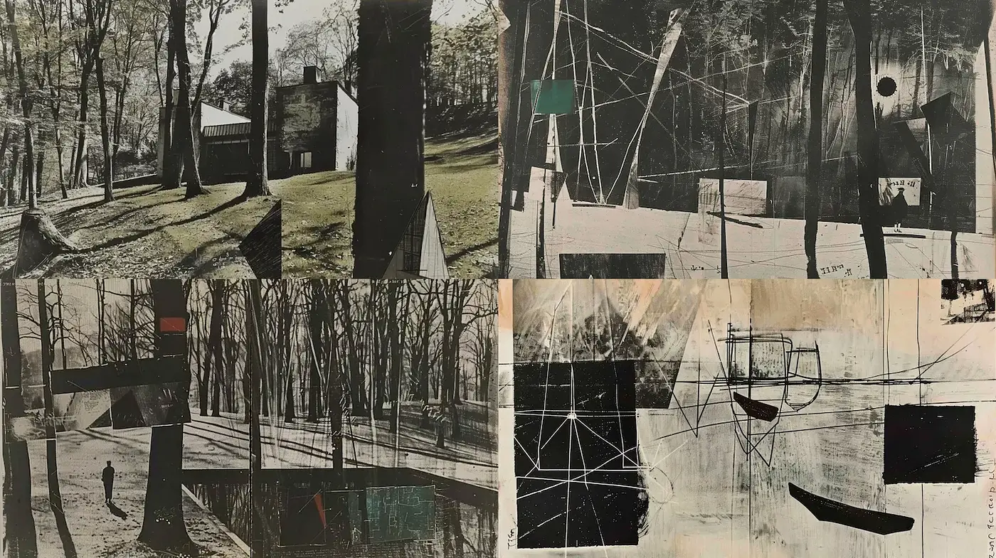 Abstract landscapes with a juxtaposition of geometric forms and natural elements - Midjourney sref style