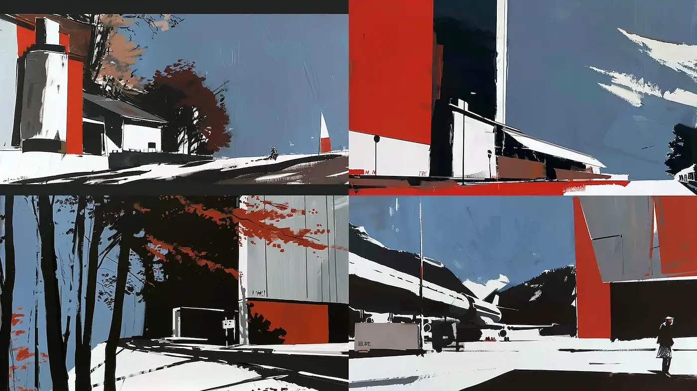Modernist Geometric Landscapes with Bold Color Contrasts - Midjourney sref style